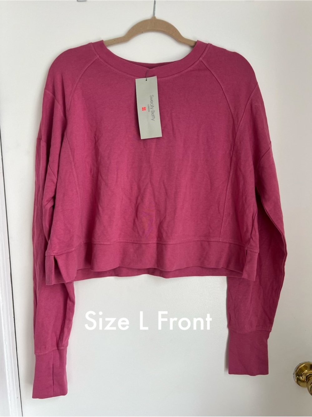 NWT Sweaty Betty After Class Crop Sweatshirt in Adventure Pink with Thumbholes - Picture 13 of 16